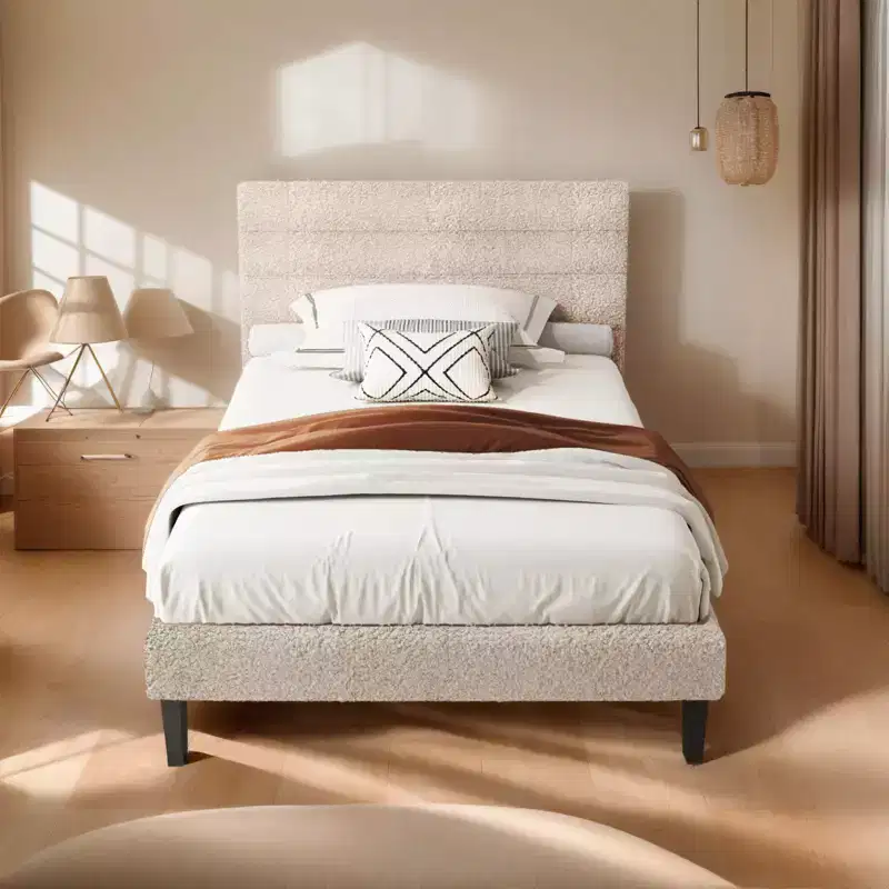 Karl Home Twin Size Bed Frame with Boucle Upholstered Headboard, Platform Bed Beige