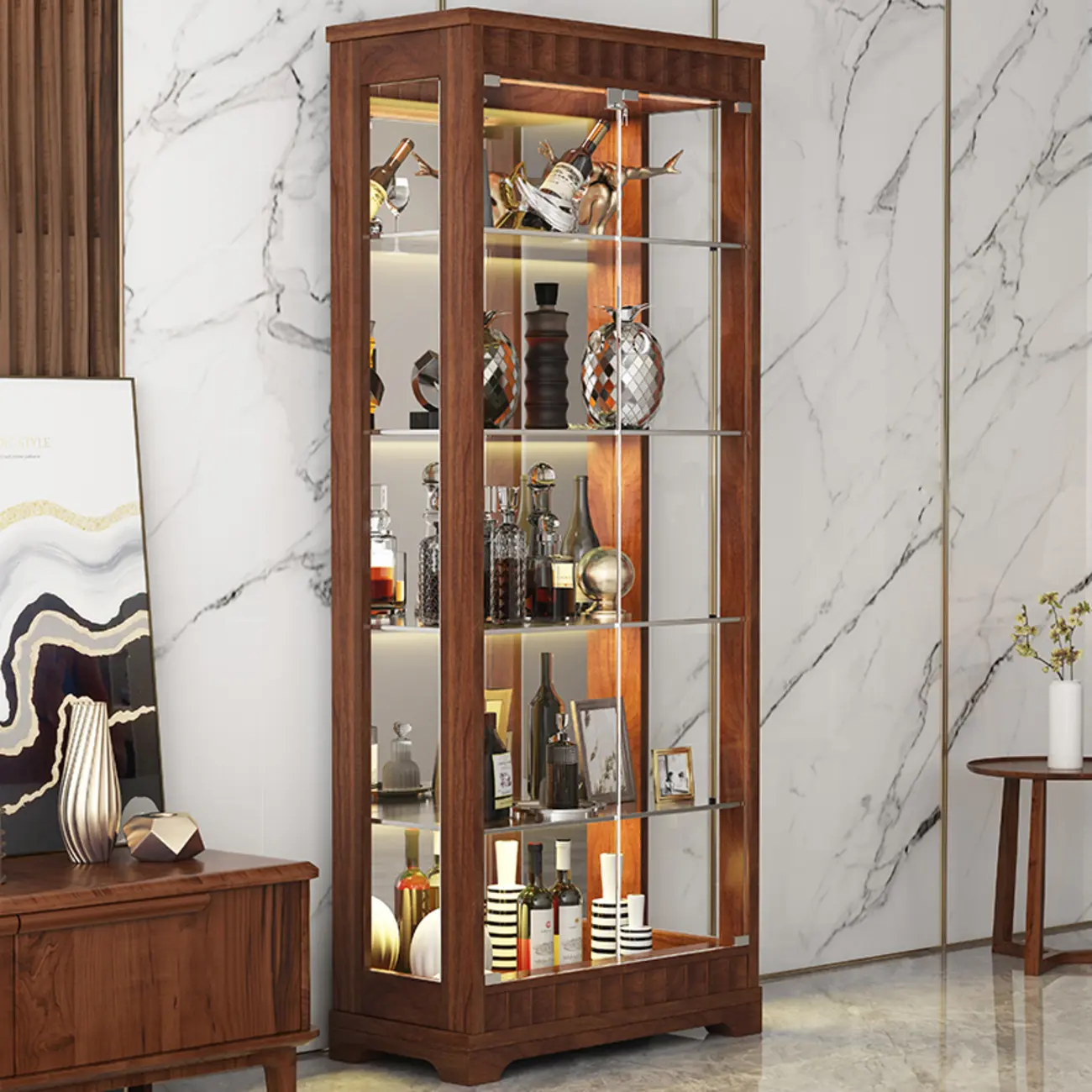 Modern Wood Wine Cabinet with Bar Glass Holder Shelf