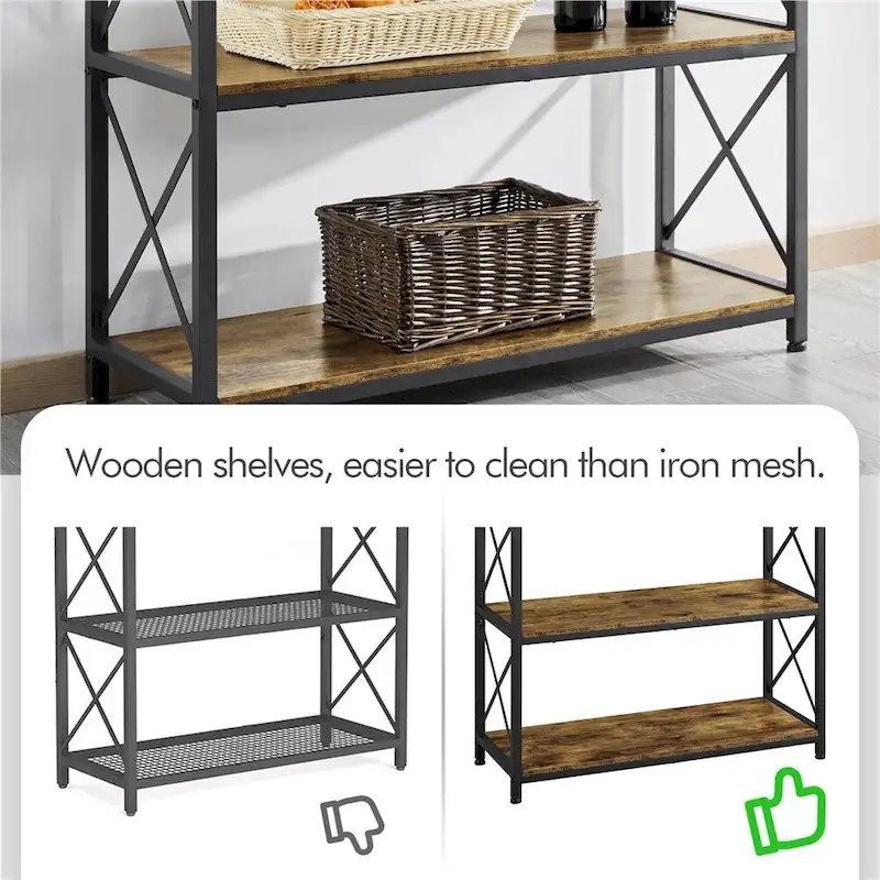 Rustic Brown / Grey Industrial 4-Tier Kitchen Baker's Rack with Hooks