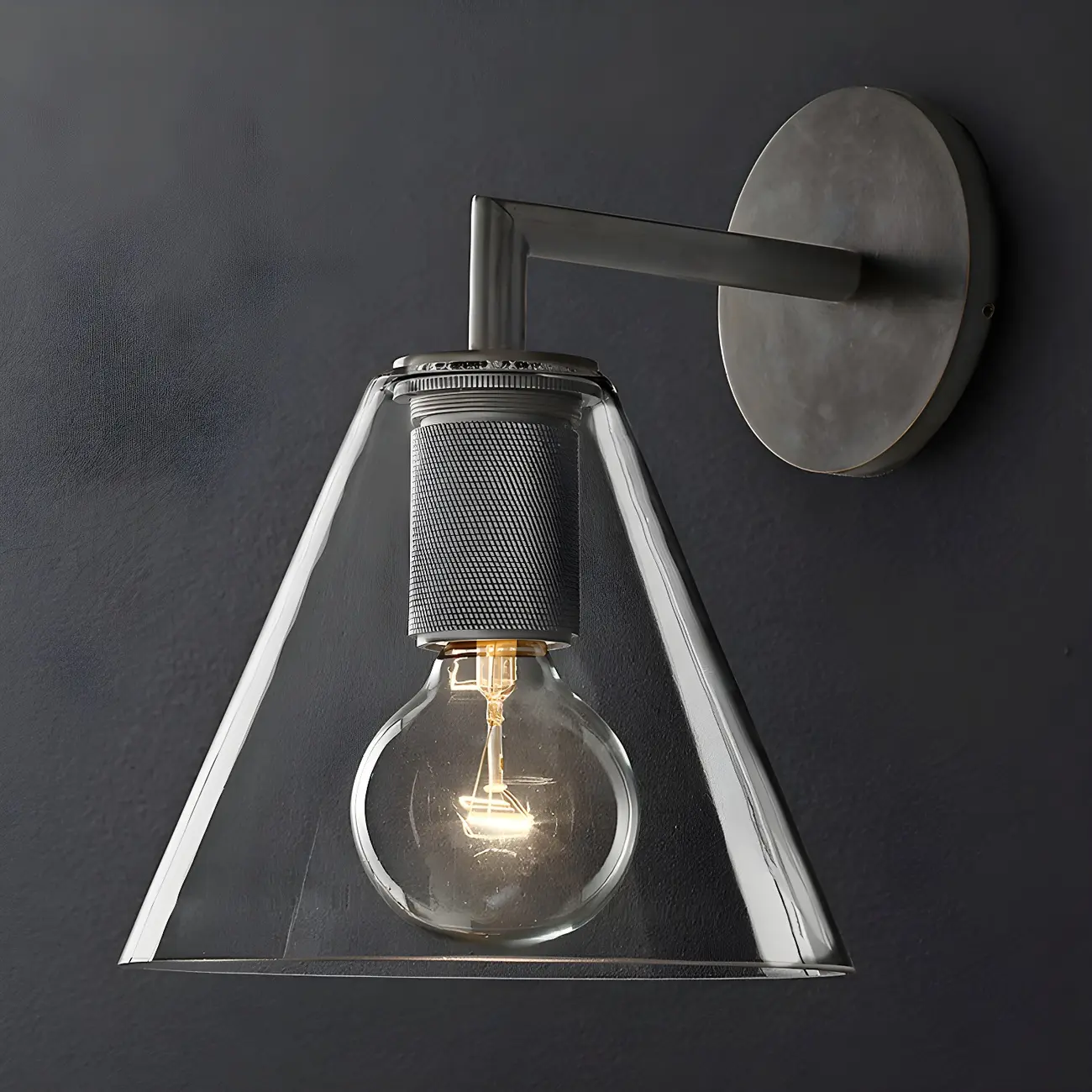 Industrial Cone Glass Wall Sconce with Brass/Black Finish