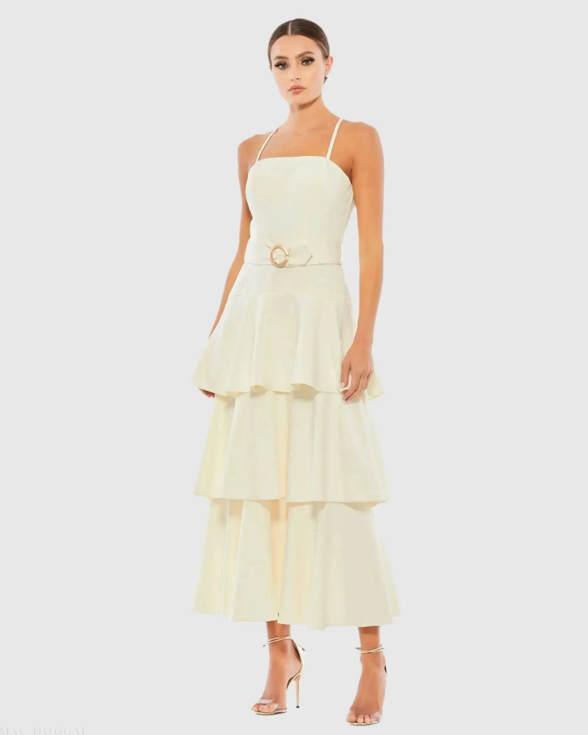 Belted Tiered Ruffle Sleeveless Midi Dress