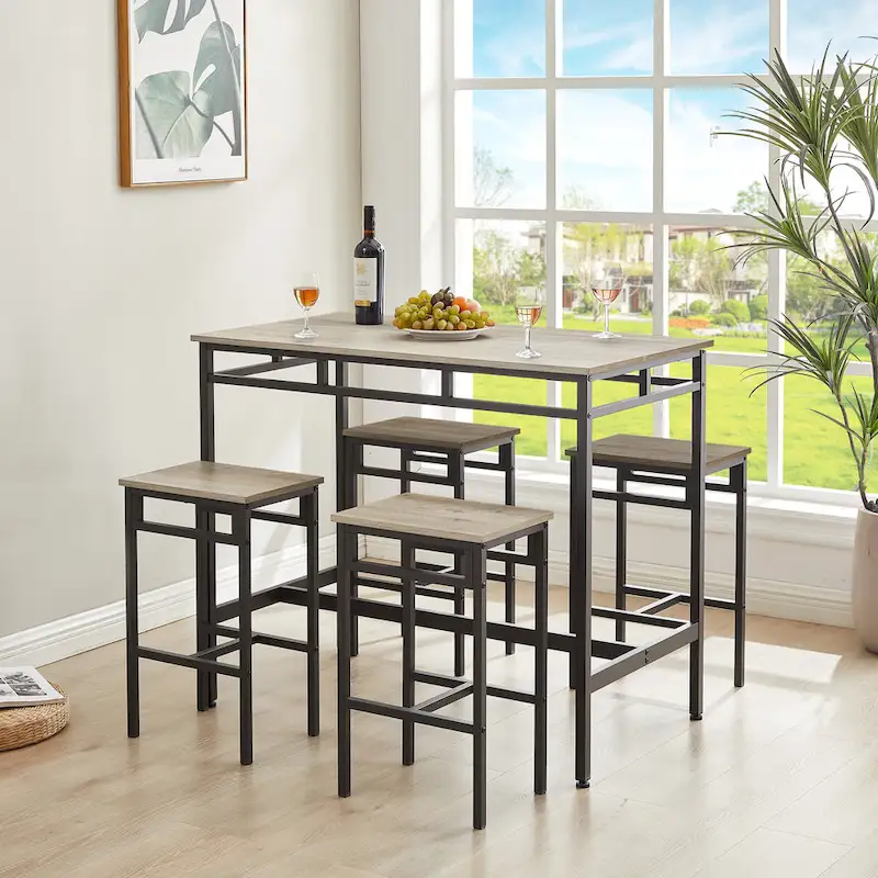 Rustic Style 5-Piece Dining Set with Rectangular Table and 4 High Stools Dining Chairs