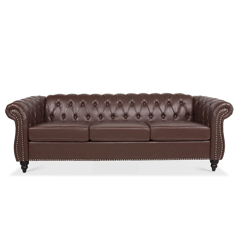 Tufted Sofa - Faux Leather, Rolled Arms Design, Seats 3