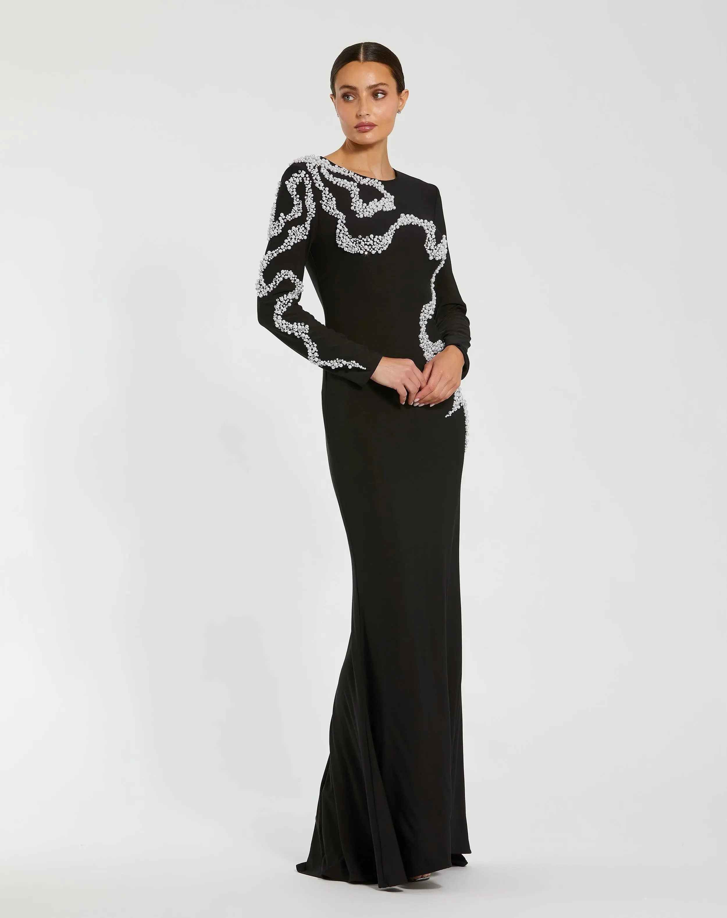 Black Jersey Evening Gown with Beaded Swirl Detail