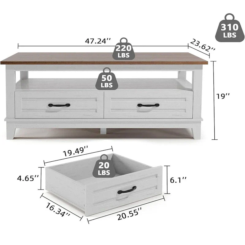 Walnut Coffee Table with Drawers and Open Shelf