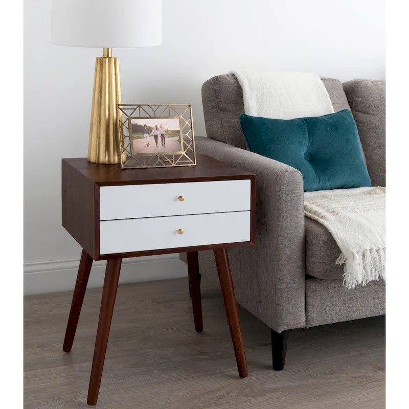 Mid-Century Nightstand, 2 Drawers, Peg Legs, Wood & Manufactured Wood, Walnut / White / Gray / Black, 1-Person Use
