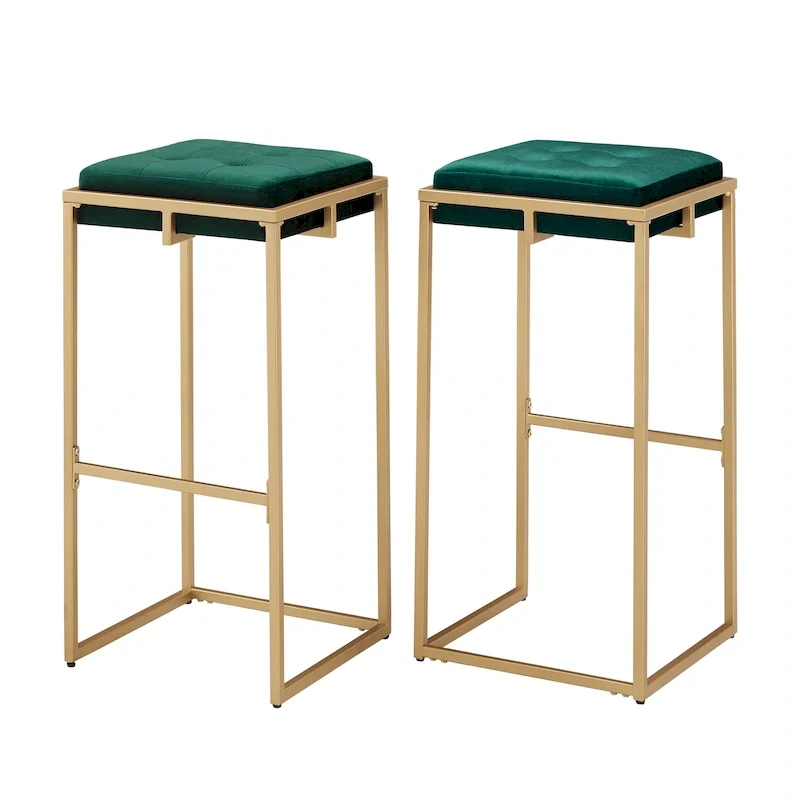 Backless Velvet Button-Tufted Bar Stool with Gold Metal Base & Footrest – Beige / Blue / Green, Counter / Bar Height