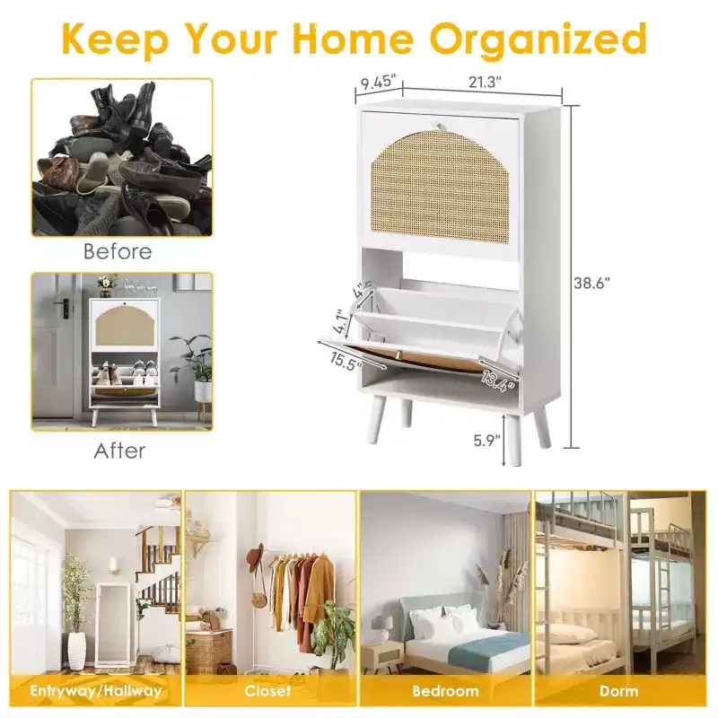 Karl Home 2 Flip Drawers White Particle Board 38.58in. W Shoe Cabinets