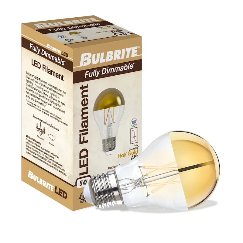 Bulbrite LED Filament Pack of (4) 5 Watt Dimmable A19 Light Bulb with Half Gold Glass Finish and Medium (E26) Base