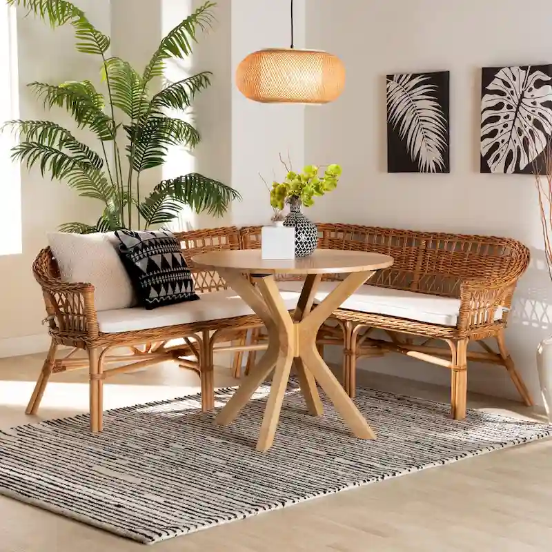 Natural Rattan 2-Piece Dining Nook Banquette Set