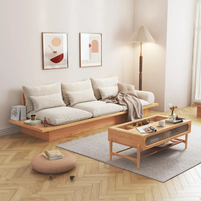 JASIWAY Cotton Line Beige Sofa With Wood Frame