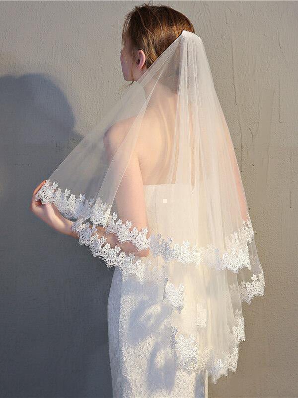 Two Tier Wedding Veils Hip Length Lace Hem Bridal Veil
