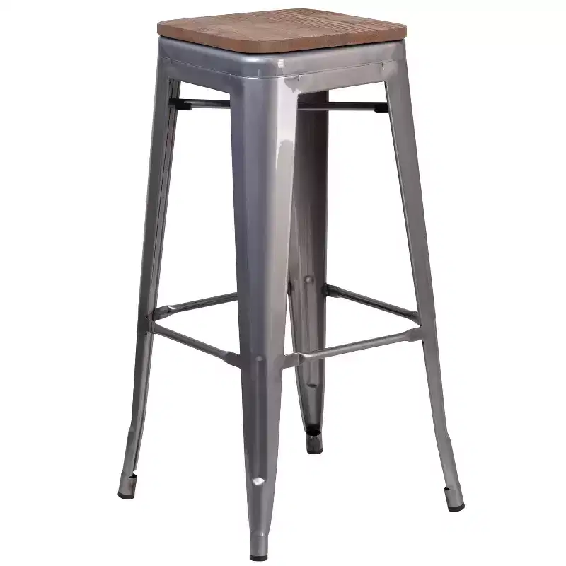 Flash Furniture Lincoln 30 High Backless Silver Antique Finish with Clear Coat Metal Barstool with Square Wood Seat