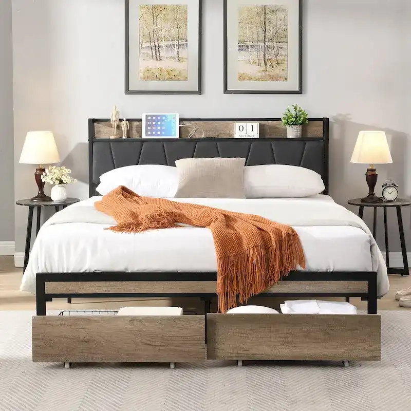 Black & Grey Full Metal Platform Bed with Wood Headboard & Under-Bed Storage - Fits 2 People