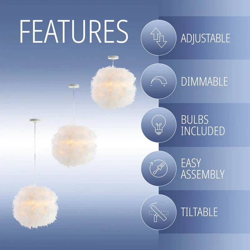 Simon 19  Feather Metal Adjustable LED Pendant, White by JONATHAN Y