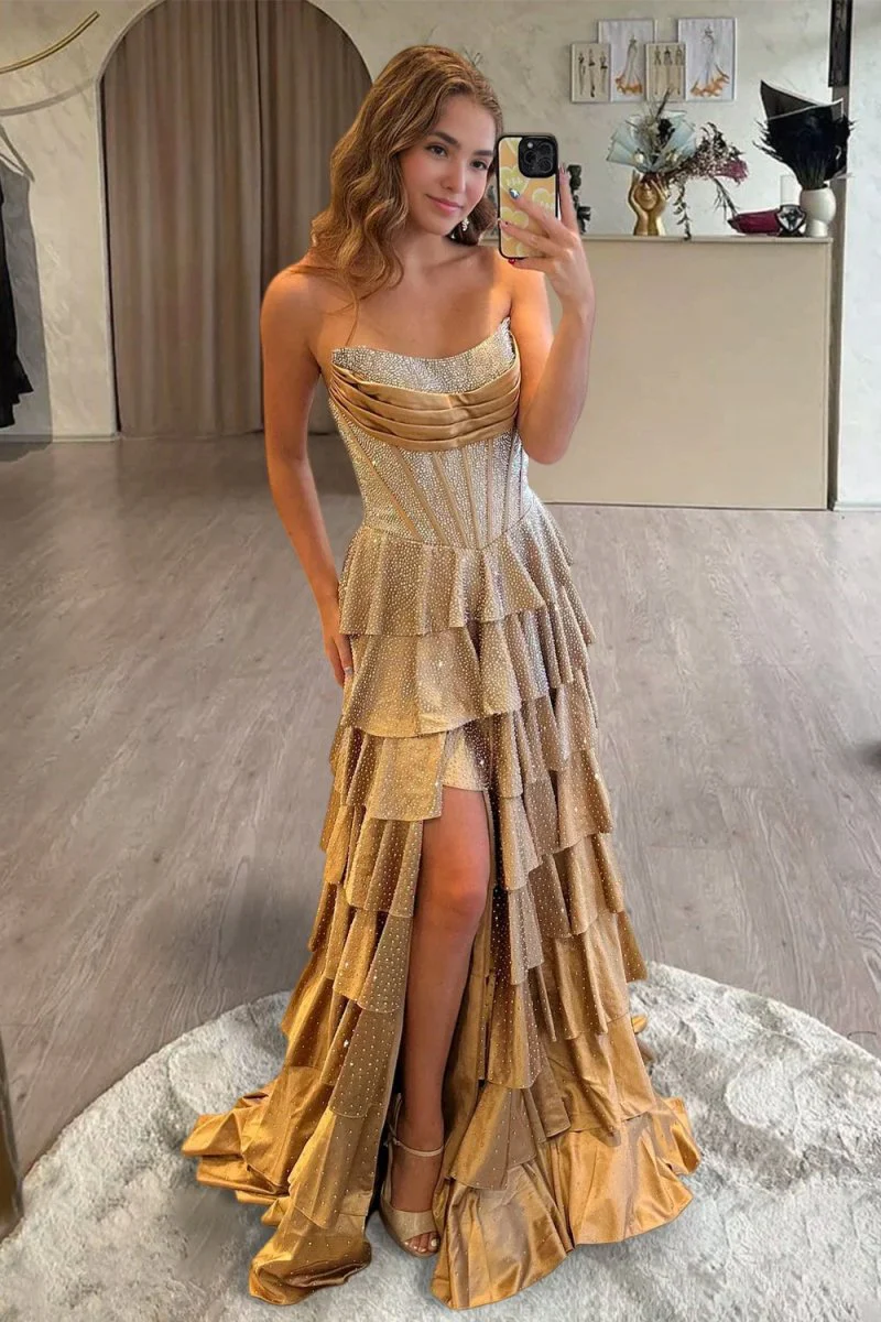 Gold Strapless A Line Satin Ruffled Long Formal Prom Dresses With Beading