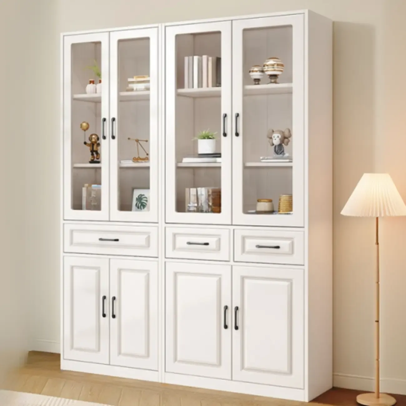 Rectangular White Wood Vertical Display Bookcase with Drawers