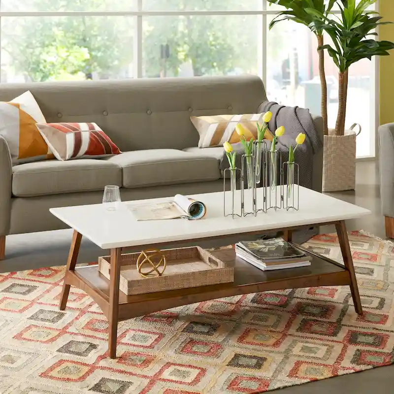 Off-White/Pecan/Natural/Black Mid-Century Coffee Table with Lower Shelf, 1-Person