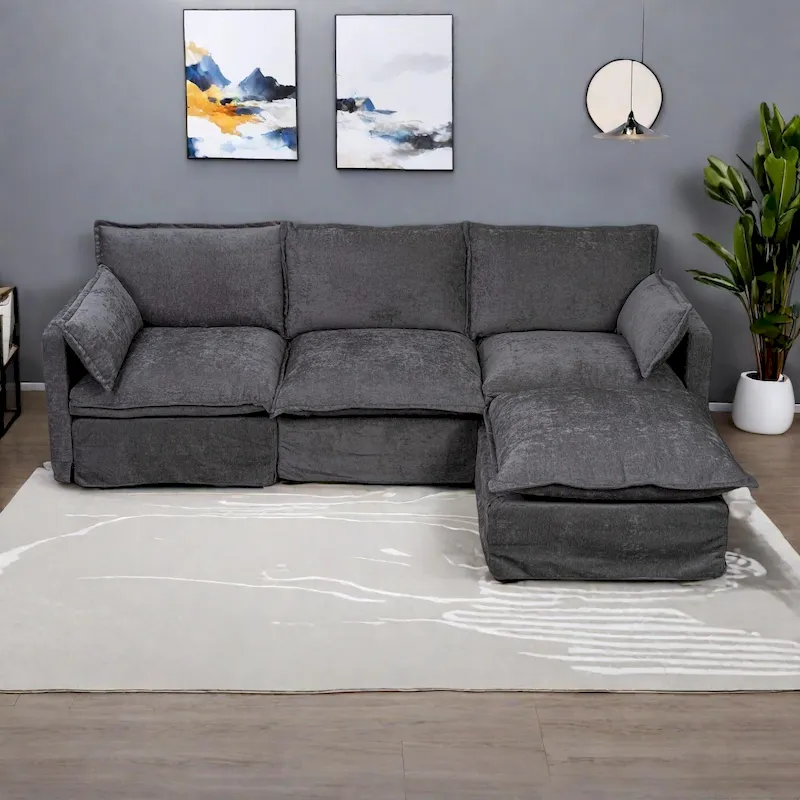 93.31  Faux Linen Modular Sectional Sofa with Movable Ottoman, Solid Wood Frame, and High-Resilience Foam Cushions