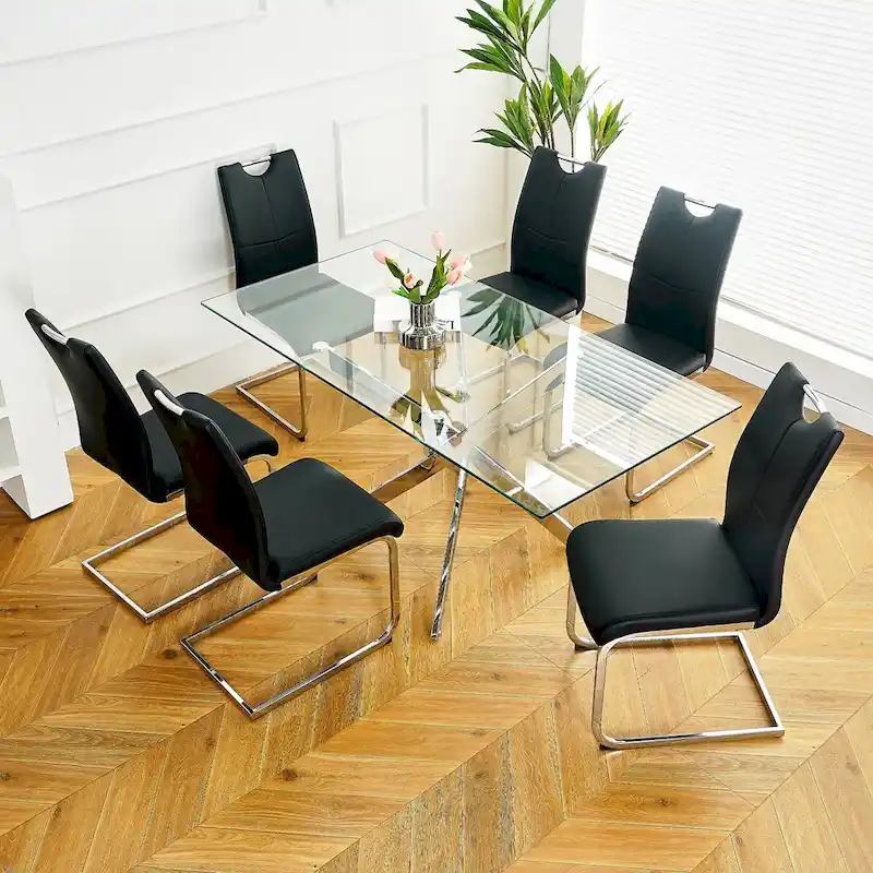 Set of 6,Dining Chairs with Faux Leather Padded Seat Upholstered with Chrome Metal Legs Side Chairs