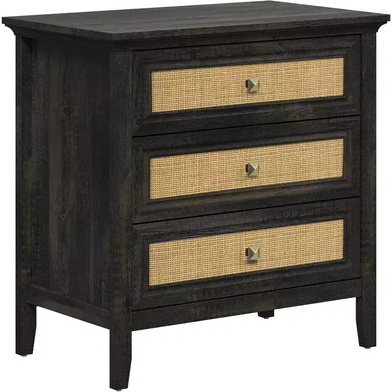 Heynemo Dresser for Bedroom, Boho Tall Dresser with 3 Rattan Decorated Drawers, Modern Wood Chest of Drawers for Closet, Entryway
