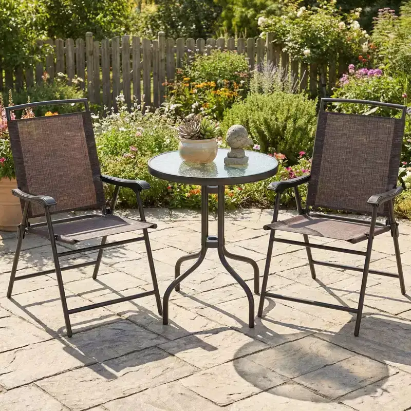 Gymax 3-Piece Outdoor Bistro Patio Set w/ Rippled Tempered Glass Table 2 Foldable Steel Frame Chairs Adjustable Foot Pads for Garden Porch Yard