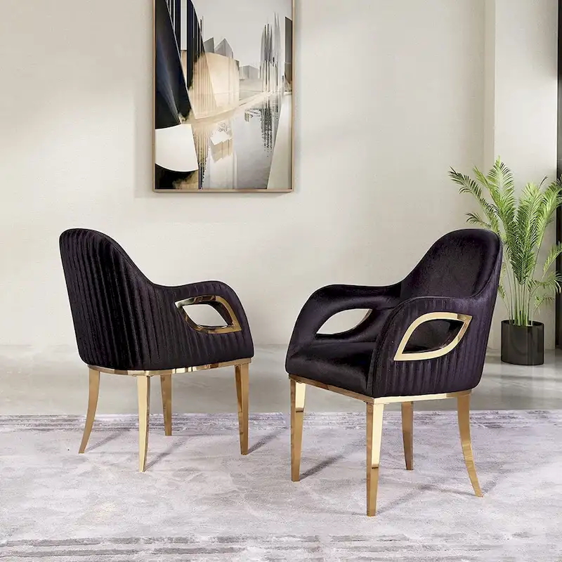 Velvet Dining Chair with Metal Armrests and Stainless Steel Legs