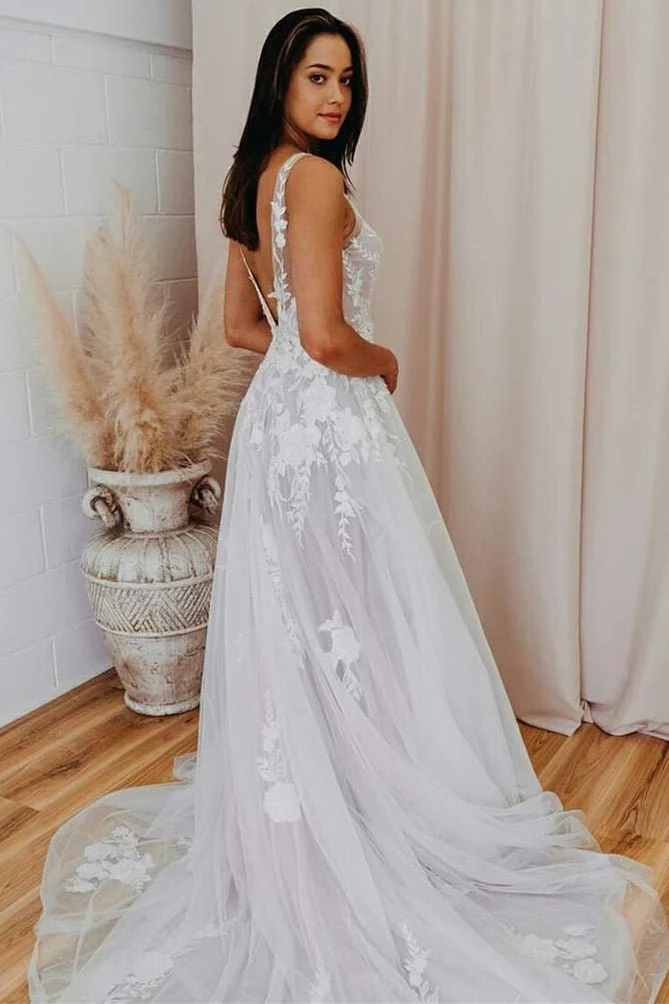 A-Line V Back Long White Wedding Dress with Lace Appliqued