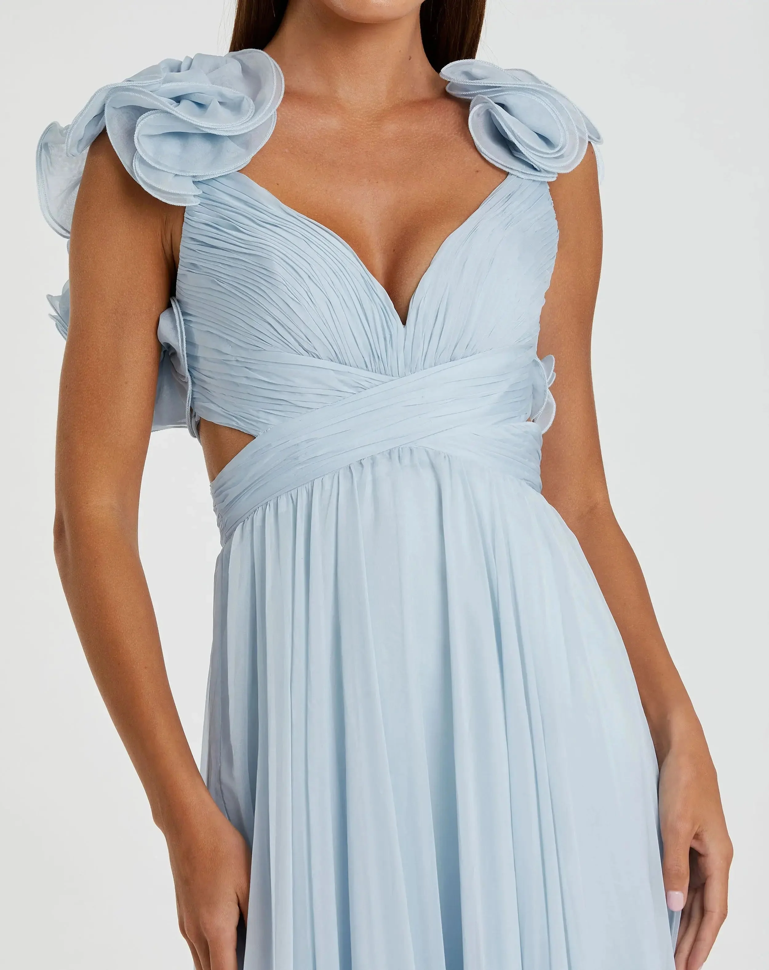 Light Blue Ruffle Tiered Cut-Out Chiffon Gown
