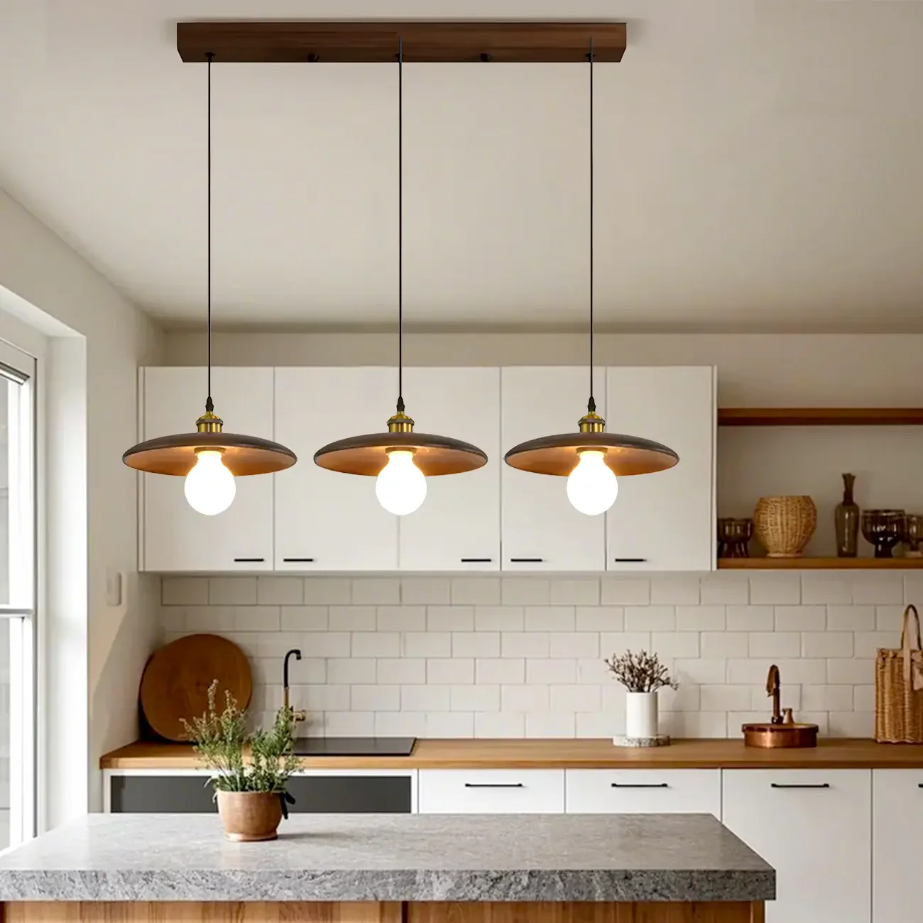 Geometric Walnut Wood Island Pendant Light for Kitchen