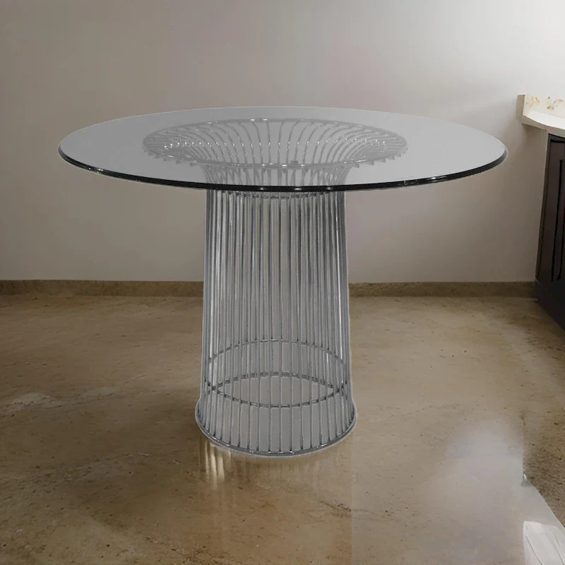 40 Inch Dining Table, Round Tempered Glass Top, Open Padestal Base