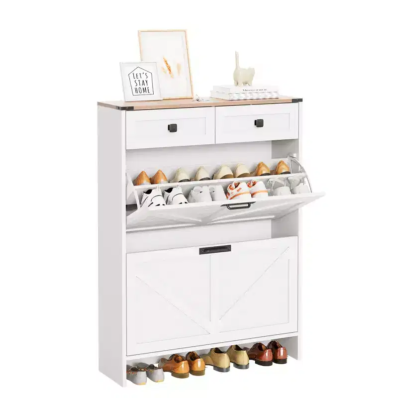 Shoe Storage Cabinet with 2 Flip Drawers and 2 Storage Drawers, Slim Freestanding Narrow Organizer Rack, Wooden Hidden Shoe Cabinet Organizer White
