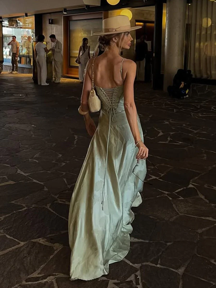 Phantasia | Sage - Mermaid Satin Spaghetti Straps Long Prom Dresses