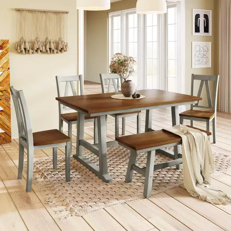 Wood Farmhouse Dining Table Set for 6, Kitchen Rectangle Table with Long Bench and 4 Dining Chairs, Gray