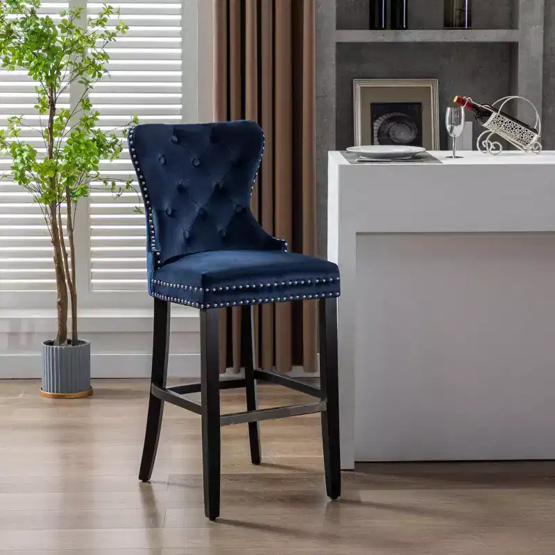 WestinTrends 29 Tufted Upholstered Velvet Bar Stool with Metal Footrest, Velvet Navy Blue