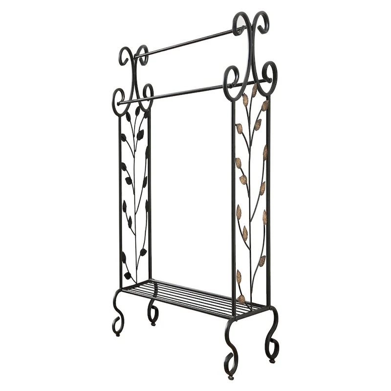 Black Metal with Gold Leaf Free Towel Rack Stand with Shelf