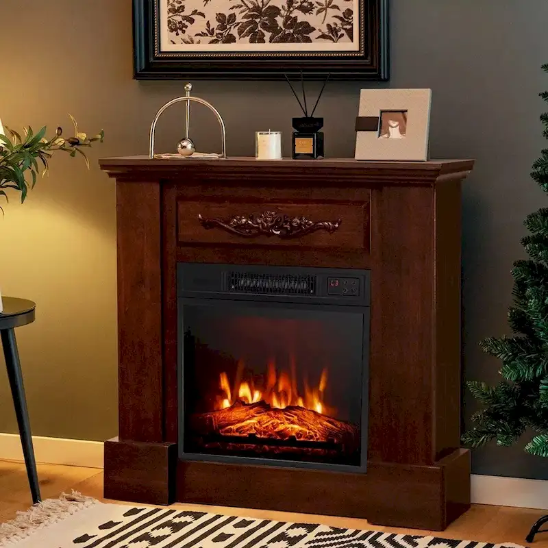 Brown Mantel Electric Fireplace TV Stand, 42 Inches, 1-Person Room