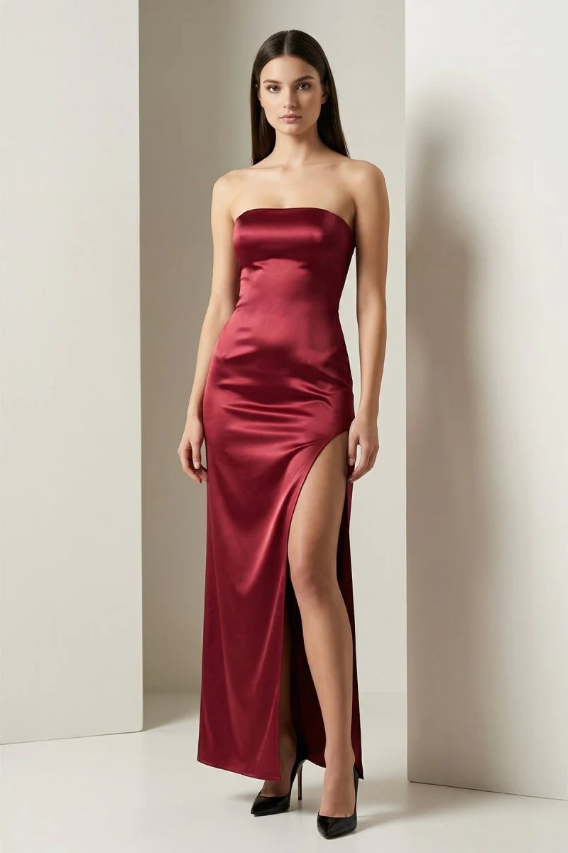 Burgundy Strapless Satin Sheath Long Formal Prom Dresses With Slit