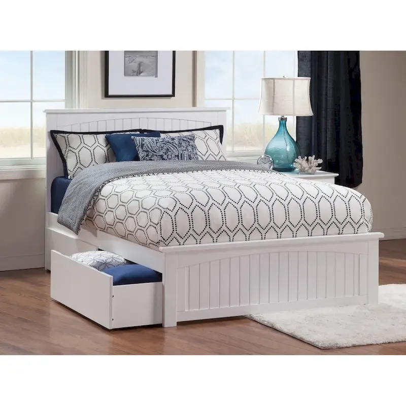Nantucket White Queen Platform Bed with 2 Under-bed Drawers