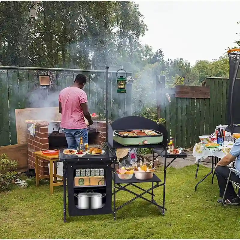 Camping Kitchen Station, Camping Table, Picnic Table, Grill Table Folding Table, Upgrade Light Stand & Windshield Cook Station