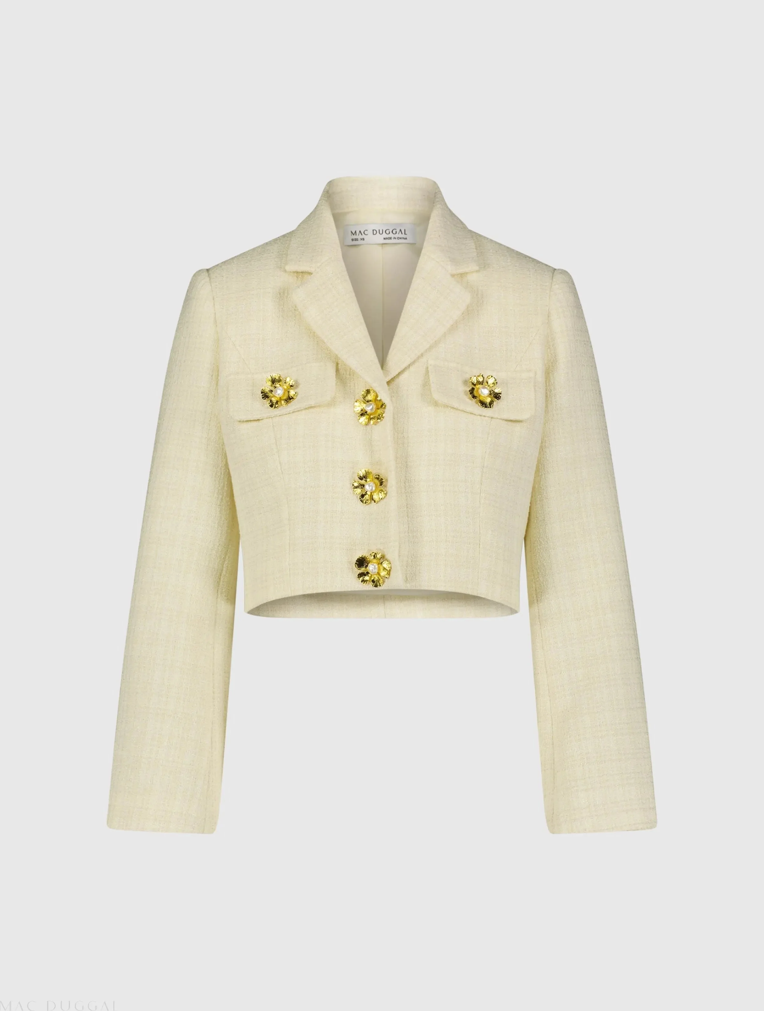 White Cropped Tweed Floral Button Jacket - FINAL SALE