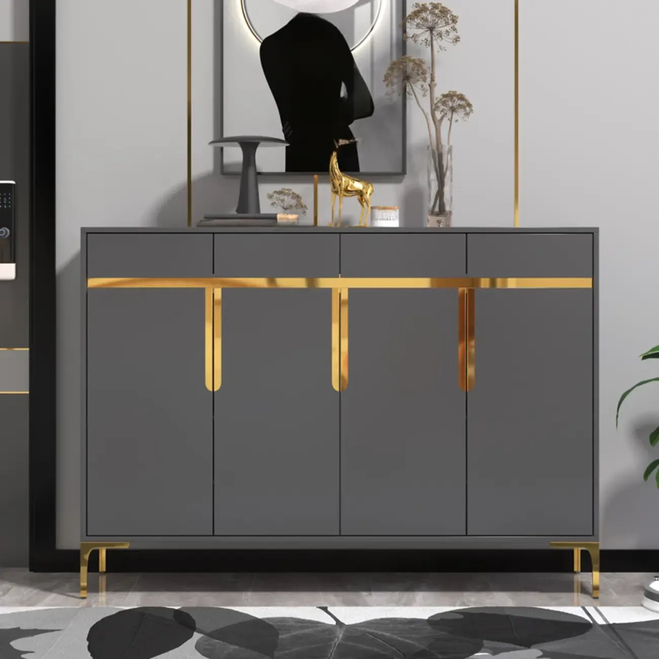 Entryway Wood Large Shoe Cabinet with Gold Accents