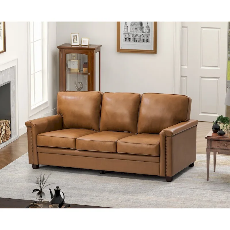 Rita Living Room 3-Seat Genuine Leather Sofa with Solid Wood Legs and Nailhead