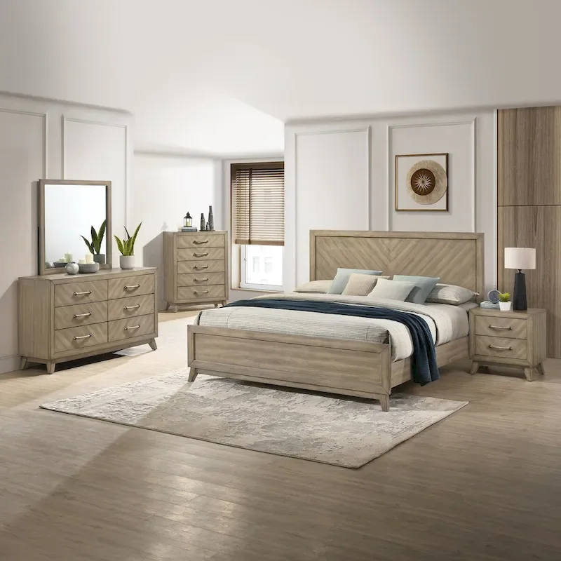 Roundhill Furniture Arena Contemporary Wood Bedroom Set: Panel Bed, Dresser, Mirror, Nightstand, Chest in Antique Gray
