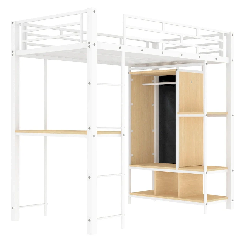 White Twin Metal Loft Bed with Built-in Wardrobe & Desk
