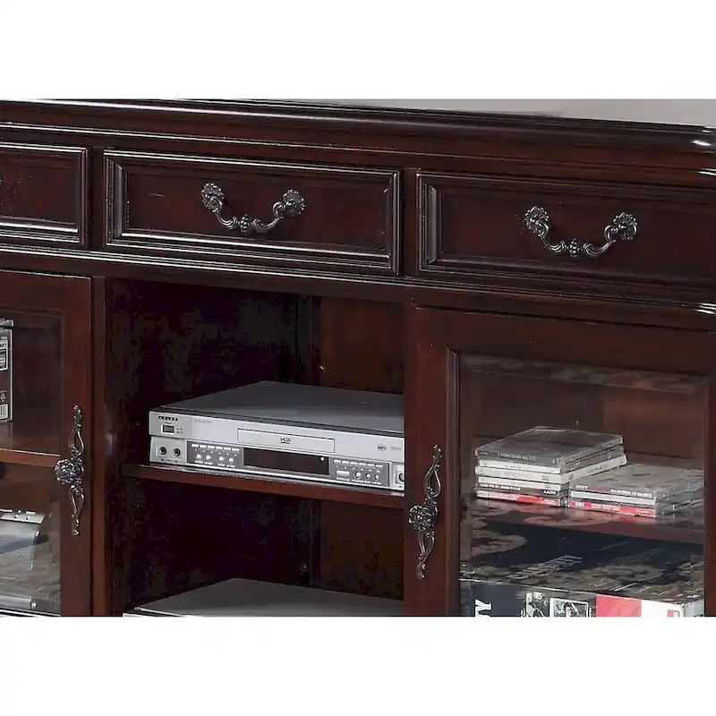 Cherry Brown Poplar Wood Traditional TV Stand with Glass Cabinets, Drawers and Carved Detail – 66 in