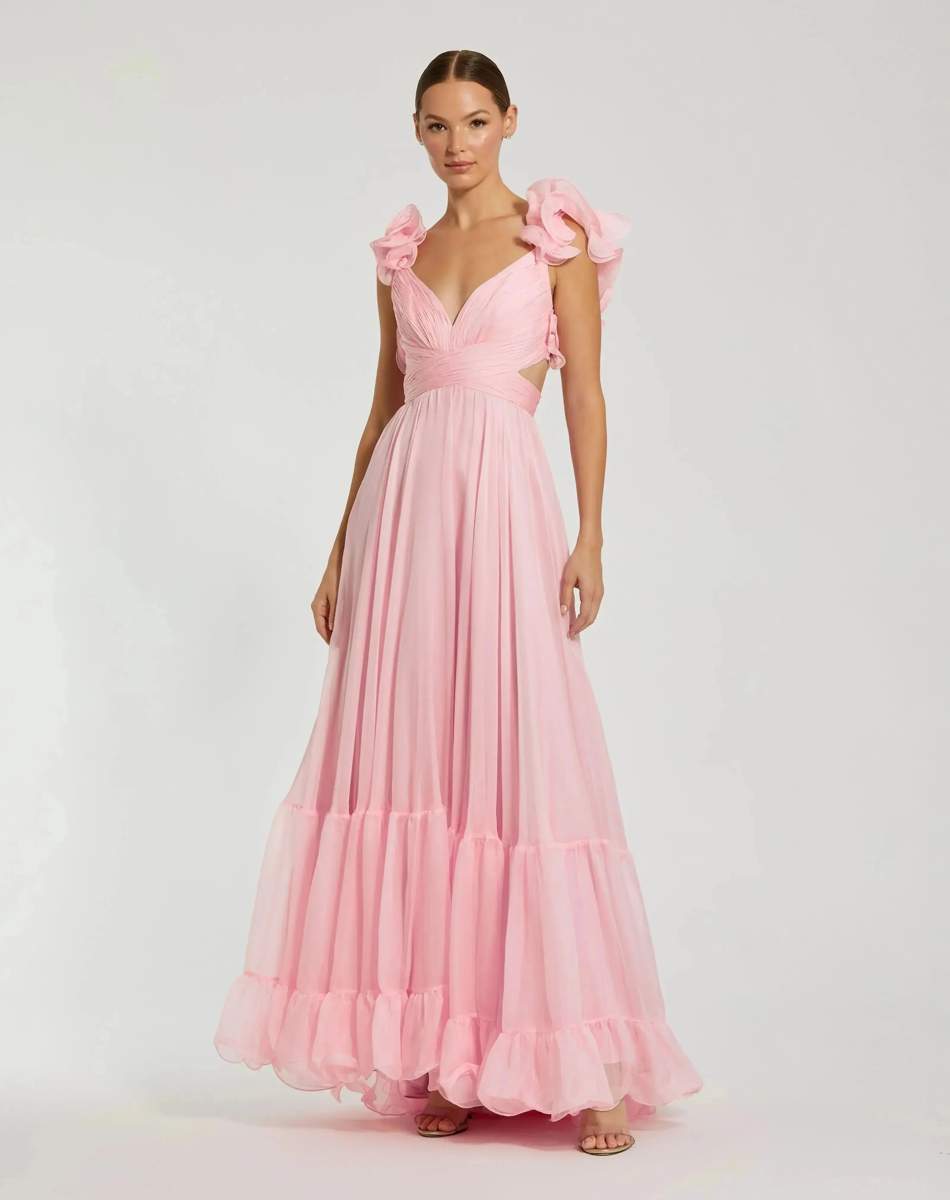 Pink Ruffle Tiered Cut-Out Chiffon Gown