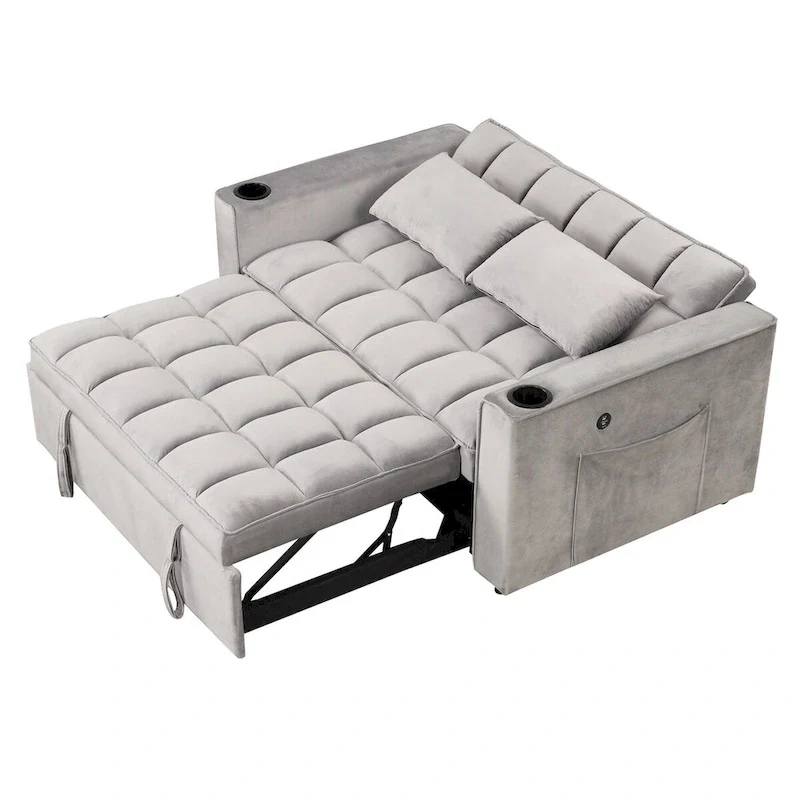 Pink / Cream White / Black / Gray Velvet Convertible Sofa Bed with Cup Holder & USB Port, 2-Seater