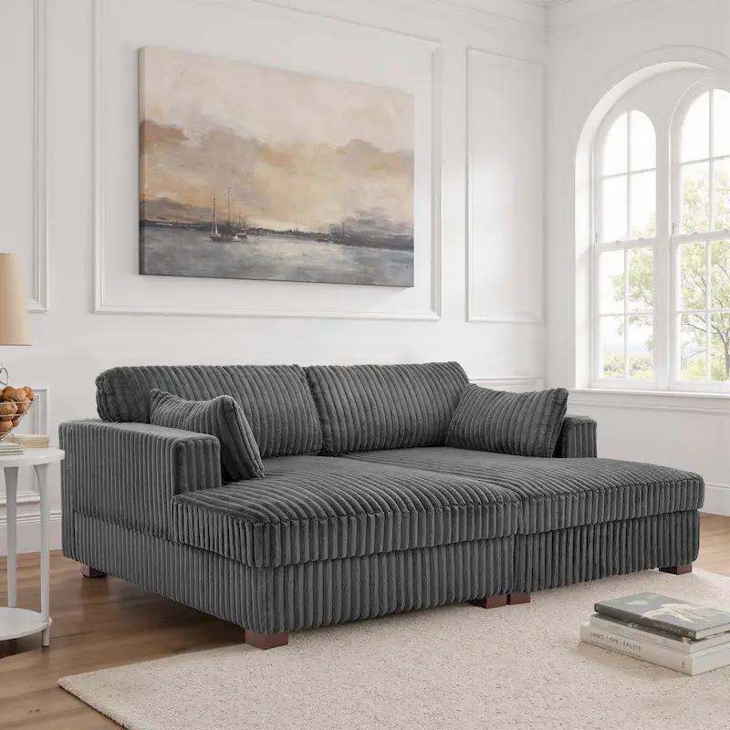 Sophia 84 W Plush Corduroy Chaise Lounge Modular Sectional Sofa