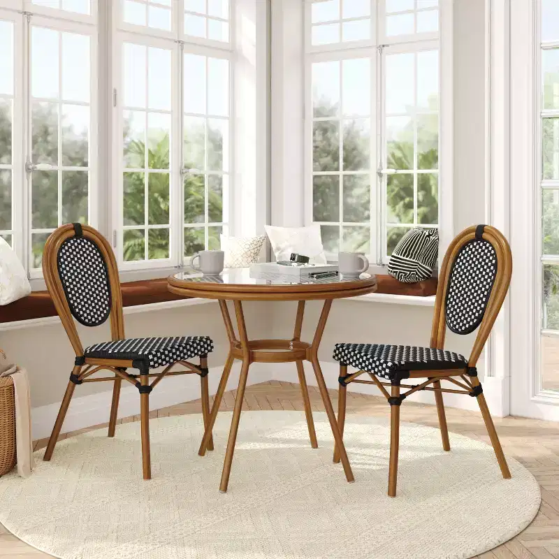 Flash Furniture Lourdes Indoor/Outdoor Commercial Bistro 31.5 Table, Black and White PE Rattan, Glass Top with 2 Stack Chairs